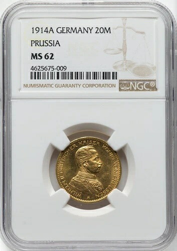 プロイセン - 1914-A ヴィルヘルム 2 世 20 マーク - NGC MS62 - 見事な反射面!