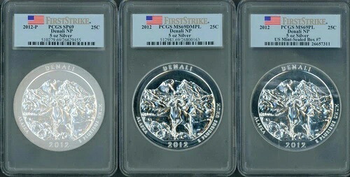 コイン3枚：2012年および2012-P デナリ ATB 5オンス シルバー PCGS SP69、MS69-PL、MS69-DMPL FS