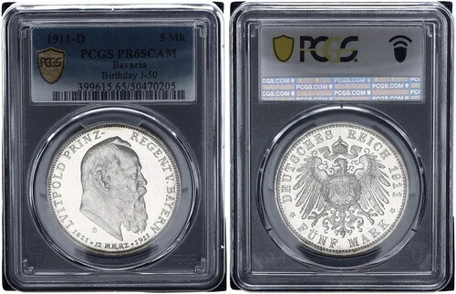 バイエルン 5 マーク 1911-D 90. 誕生日 プリンツレーゲント ルイトポルト PR65CAM Pf 120007|WORLD RESOURCE【KING店】