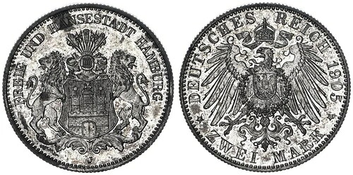 ハンブルク 2マーク 1905 J ラージイーグル 希少年 プルーフ 119855|WORLD RESOURCE【KING店】