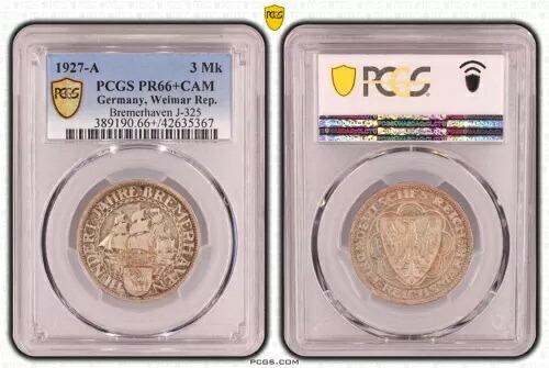 3 ライヒスマルク ワイマール ブレーマーハーフェン 1927 A PCGS PR66+ カム プルーフ 95420|WORLD RESOURCE【KING店】