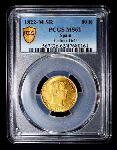 PCGS MS62 1822-M SR スペイン フェルディナンド 6 世 金 80 レアル デ ベロン、マドリード造幣局。
