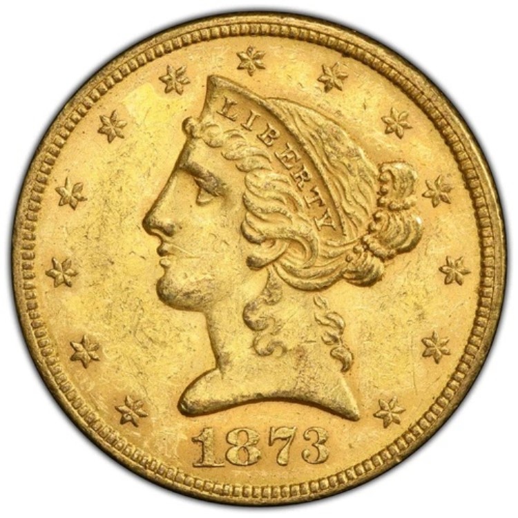 1873年 $5 オープン3 リバティヘッド ハーフイーグル PCGS AU58 (CAC)