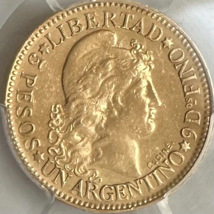 1882年アルゼンチン5ペソ「CUDINE」金貨、PCGS認証済み、非常に希少なバラエティ｜WORLD RESOURCE【KING店】