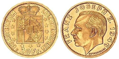 リヒテンシュタイン 20フラン金貨 1946年 B フランツ・ヨーゼフ2世 ほぼStgl. 129440-｜WORLD RESOURCE【KING店】