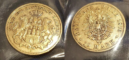 ハンブルク 10マルク金貨 1876年 J 希少年 発行枚数6000枚 VF 122531-|WORLD RESOURCE【KING店】