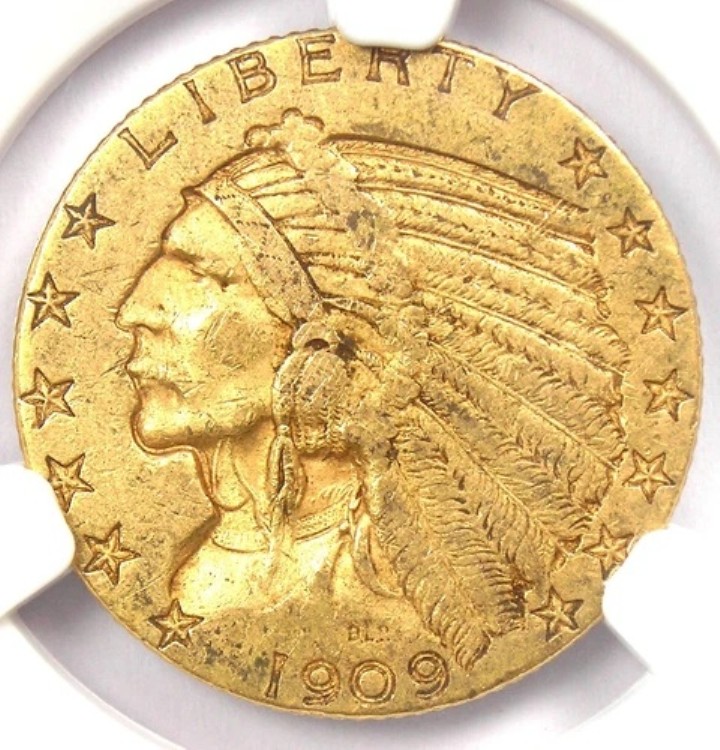 1909-S インディアン ゴールド ハーフ イーグル 5 ドル コイン - NGC AU58 - サンフランシスコ発行の希少品!