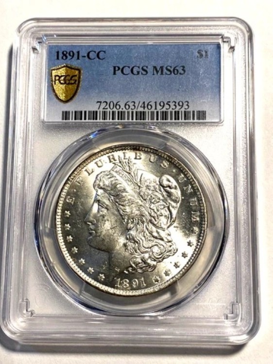 #A7064、モルガン銀貨 PCGS MS 63、1891 CC ゴールドシールドキーデート