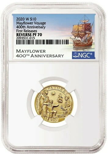 2020年 メイフラワー号沈没400周年記念 10ドル金貨 リバースプルーフ NGC PF70
