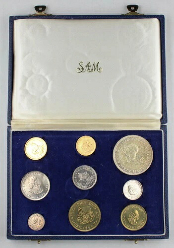南アフリカ 1964年 1＆2ランド 金貨 銀貨 銅貨 9枚 プルーフセット 宝石 箱付き