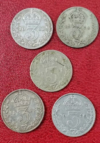 イギリス：3ペンス硬貨5枚セット 希少：1920年 - 1926年