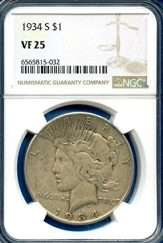 1934 S NGC VF25 ピースシルバードル 1ドル 米国造幣局 希少キーデイトコイン 1934-S VF-25