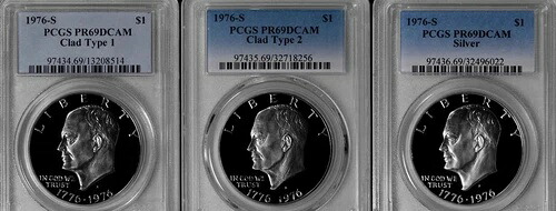 1976-S クラッド タイプ1/タイプ2 シルバー アイゼンハワー ドル PCGS PR69DCAM - 3点セット