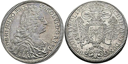 1736年、オーストリア、皇帝カール6世。大型ターラー銀貨。ホール！PCGS AU-58！｜WORLD RESOURCE【KING店】