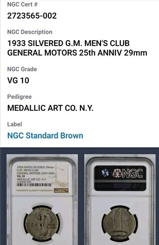 希少 1933年 銀メッキ ゼネラルモーターズ メンズクラブ メダル 25周年記念 29mm NGC VG10 CB1135｜WORLD RESOURCE【KING店】 443,960円