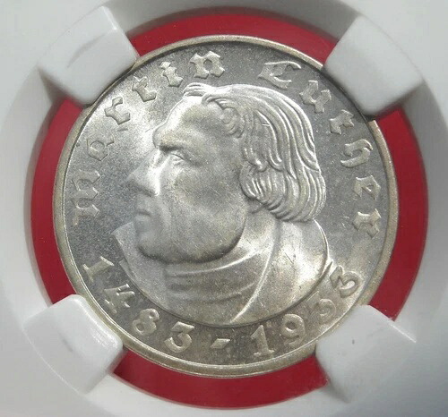 NGC MS-64 ナチス ルター 1933-F 2 ライヒスマーク シルバー コイン-ドイツ第 3 帝国造幣局!!