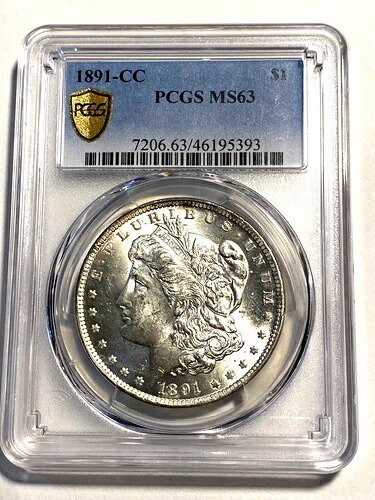 #A7064、モルガン銀貨 PCGS MS 63、1891 CC ゴールドシールドキーデート