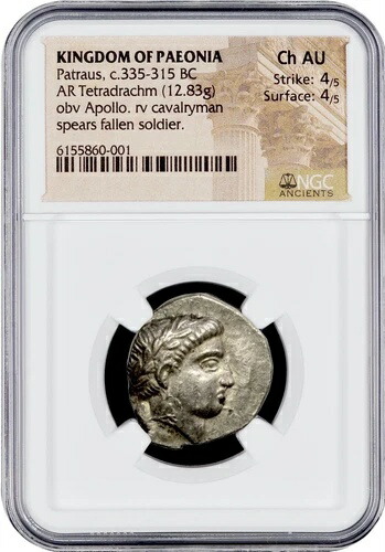 パエオニア王国 パトラウス、紀元前335-315年頃 AR テトラドラクマ アポロ NGC CH AU 4/5 4/5