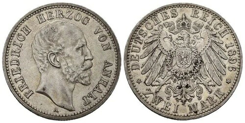 ドイツ - アンハルト帝国 2 マーク 1896 A - 銀 11.11g、Km#23 - Vf-Xf