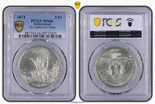 コイン スイス 5 フラン 1874 ザンクト ガレン シュッツェンターラー PCGS MS66 nswleipzig