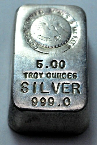 CONSOLIDATED MINES & METALS 5.00トロイオンス 999 シルバーバー オールドポア 超レア