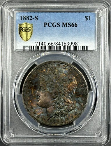 1882-S 1ドル モルガン・ダラー PCGS MS66 -- ステラ・ディープブルー、ゴールド、ラセットトーンの宝石