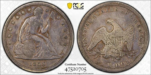 1859年 S リバティ シーテッド ドル $1 PCGS VF 詳細刻印入り 希少コイン 2681