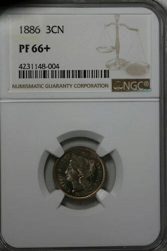 1886年 3CN NGC PF 66+ オールドニッケルコレクターコイン、リバティ3セントコイン
