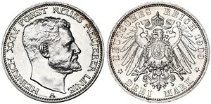 Reuss 3 Mark 1909 A Heinrich Xxiv。 プルーフ 美しいパティナ Min.ber 120911-