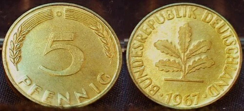 Frg 5 Pfennig 1967 G、希少年式およびミントマーク、プルーフ