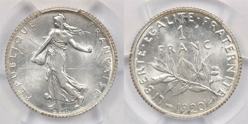 フランス 1920 フラン PCGS MS 64 レアコンディション Gad-467 Semeuse PC1219 コンバイン発送