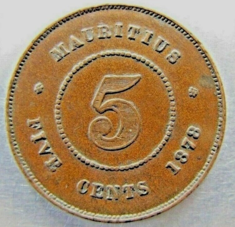 モーリシャス 5セント 1878年 EFコンディション。希少品！