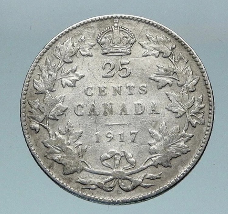 1917年 カナダ 英国 ジョージ5世 ヴィンテージ アンティーク 希少 シルバー 25セント コイン i85172
