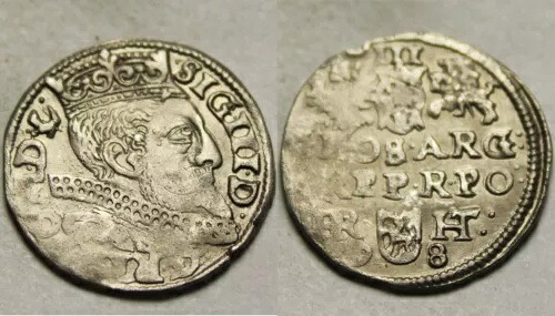 ポーランド国王ジグムント3世 1598年 希少な本物の銀貨3グロシュ トロヤク
