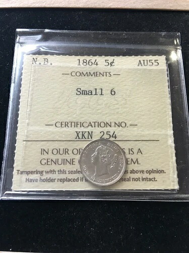 1864年製 スモール6、ICCSグレード ニューブランズウィック銀貨 5セント、**AU-55**｜WORLD RESOURCE【KING店】