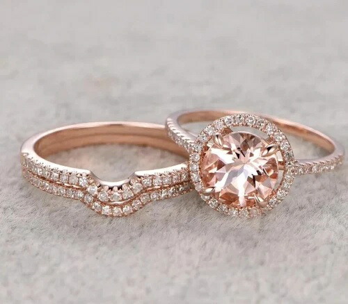 1.0CT モルガナイト & 1.0CT 天然ダイヤモンド ウェディング トリオ リング セット 10K ローズゴールド 9.75