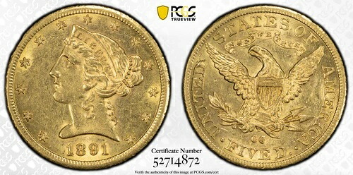 1891-CC PCGS AU58 5ドル金貨 リバティ・ハーフイーグル 素晴らしい外観｜WORLD RESOURCE【KING店】