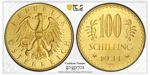 1931年 オーストリア 100シリング金貨 PCGS PL62、KM-2842｜WORLD RESOURCE【KING店】
