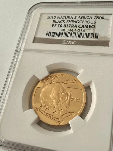 南アフリカ - ナチュラ - 2010 - クロサイ - 50ランド - ゴールドプルーフ - NGC PF70-