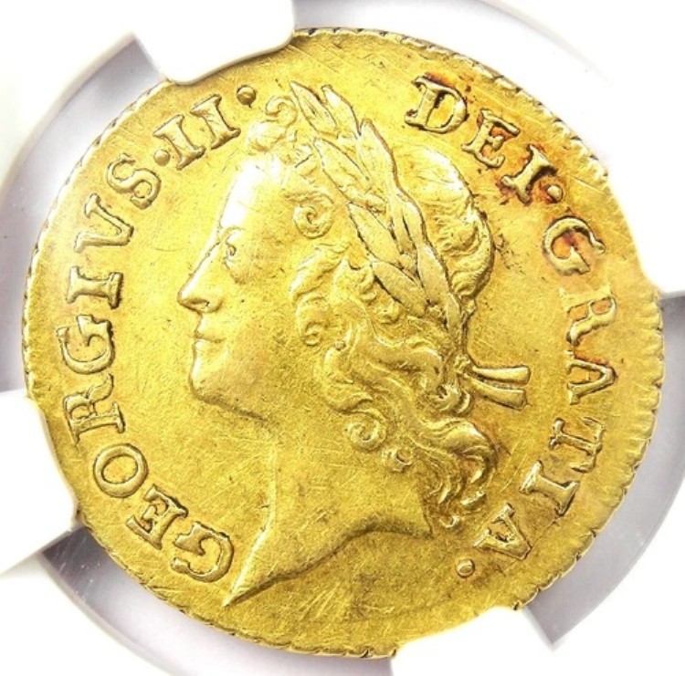 1737 年 英国ジョージ 2 世 金ギニー コイン 1G - NGC AU 詳細認定 - 希少!