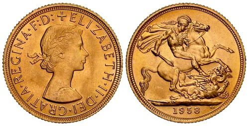 イギリス。エリザベス2世 1958年 AV ソブリン金貨。NGC MS66 SCBC-4125; Fr.-271。