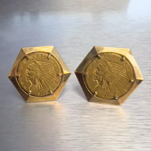 ヴィンテージ 14K イエローゴールド 21K インディアンヘッド $2.50 クォーターイーグル 1911 1912 カフスボタン