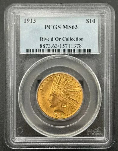 1913年 P $10 金インディアンヘッド、PCGS MS 63、リヴドールコレクション、低鋳造年