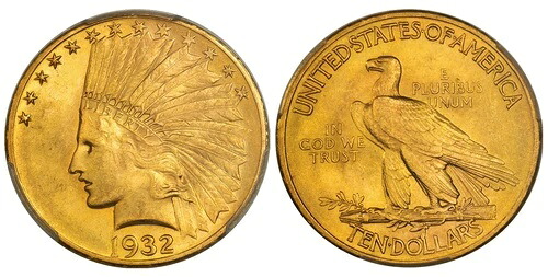 1932年 10ドル、イーグル。PCGS MS64 CAC セント・ゴーデンズ。フィラデルフィア KM 130