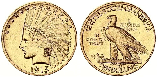 EE. 1915年米国10ドル金貨 - インディアンヘッド（1907-1933）EF-ST 126579-｜WORLD RESOURCE【KING店】