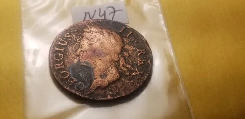 非常に珍しいアイルランド 1742 年 ジョージ 2 世 アンティーク リラ ハーフ ペニー Id1。