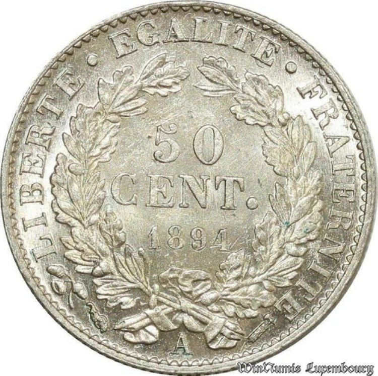 B8908 希少 フランス 50 サンチーム セレス 1894 A パリ シルバー FDC -＞ オファー -