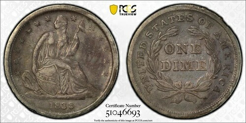 1838年 ドレープなし、小さな星 - 自由の女神像の座像10セント硬貨 - PCGS鑑定済み - VF詳細