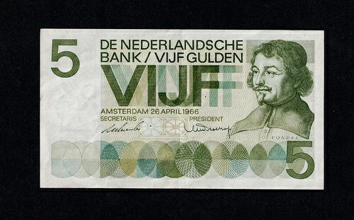 オランダ 5 グルデン 1966 P#90b VF++ S/N 4XA レア Wmk: インク壺 - ホワイトペーパー