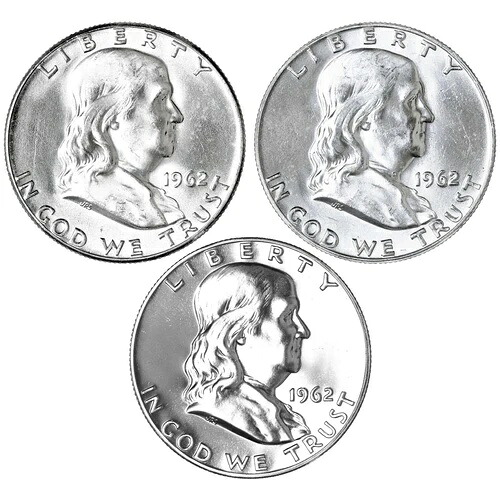 1962年 P D フランクリン ハーフダラー イヤーセット プルーフ＆BU 90% シルバー US 3枚セット